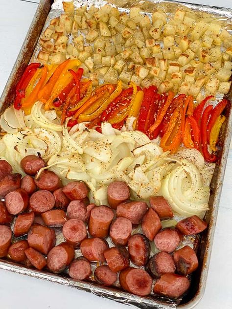 Sheet Pan Sausage, Peppers, Onions, and Potatoes - Plowing Through Life Sheet Pan Potatoes And Peppers, Sheetpan Sausage Peppers And Onions, Kielbasa Potatoes Peppers Onions Sheet Pan, Sheet Pan Sausage Peppers And Potatoes, Sausage And Peppers Freezer Meal, Pepper Onion Sausage, Sausage Potato Onion Sheet Pan, Sheet Pan Peppers And Onions, One Pan Sausage And Potatoes