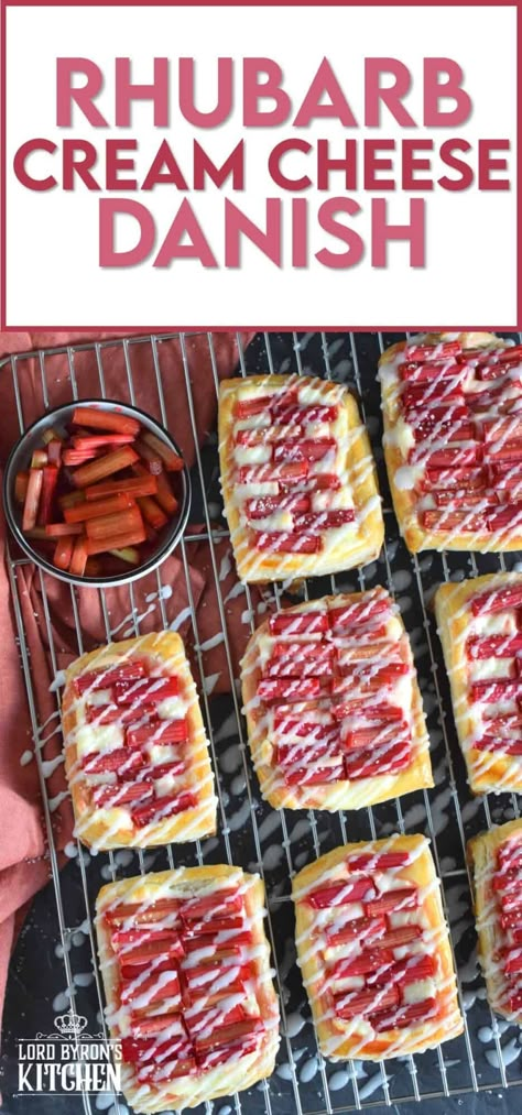 Puff pastry is rolled out and cut to form the base for these Rhubarb Cream Cheese Danish delights! Spread with a sweet, cream cheese mixture and topped with fresh rhubarb, they're baked until golden brown, crispy and flaky. Once cooled, they are drizzled with an easy to prepare glaze. It's so hard to eat just one of these! #creamcheese #rhubarb #danish #tart #puffpastry Rhubarb Danish, Best Rhubarb Recipes, Fresh Rhubarb, Cream Cheese Spread, Rhubarb Desserts, Cream Cheese Danish, Treats And Sweets, Cheese Danish, Rhubarb Recipes