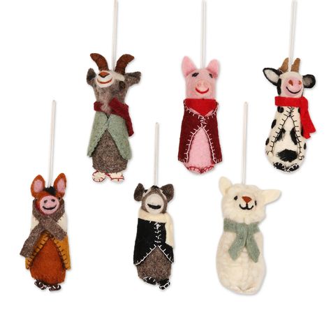 UNICEF Market | Embroidered Wool Animal Holiday Ornaments (Set of 6) - Barnyard Bunch Felt Animal Ornaments, Wool Christmas Tree, Tree Hanging Decor, Animal Decorations, Folk Art Sculpture, Animal Ornaments, Wool Animals, Christmas Tree Hanging, Felt Animal