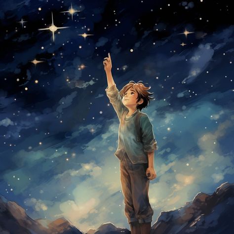 digital art of boy Star Watching, God Of Dreams, Star Child, Sky Gif, Sky Digital, Boys Night, Sky Anime, Person Drawing, Dream Painting