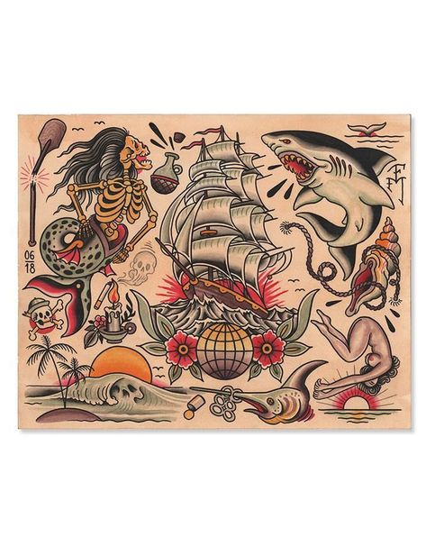 235+ Remarkable Pirate Tattoos Ideas For Men and Women (2022) - TattoosBoyGirl Neotrad Tattoos, Traditional Nautical Tattoo, Pirate Tattoos, Traditional Shark Tattoo, Tattoos Ideas For Men, Pirate Skull Tattoos, Nautical Tattoo Sleeve, Traditional Tattoo Flash Sheets, Traditional Tattoo Old School