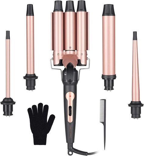 EMOCCI PRO 5 in 1 curling iron set with interchangeable barrels include 1 inch three barrel curling iron ceramic; 3/8 inch small curling iron for short hair; 3/4 inch to 3/8 inch tapered curling wand; long barrel curling iron 3/4 inch barrel; 1.25 inch beach waves curling iron hair crimper for women; 1 hair comb & Curling Iron Glove heat resistant. With wave curling iron of different sizes, you can make different hairstysle like corkscrew curls, beach waves, ringlets. Waves Curling Iron, Curling Iron For Short Hair, Waver Curling Iron, Three Barrel Curling Iron, Beach Waves Curling Iron, Hair Waver Iron, Beachwaver Curling Iron, Corkscrew Curls, Hair Curler Wand