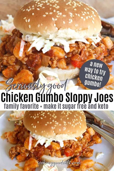 Chicken gumbo sloppy joes are seriously good - Creole-inspired with a smoky tomato-based sassafras sauce with beef, bacon, and shrimp. Yes please! Chicken Gumbo Sloppy Joes, Gumbo Sloppy Joes, Recipe With Shrimp, Slow Cooker Sloppy Joes, Sloppy Joe Recipe, Sloppy Joes Easy, Chicken Gumbo, Quick Bites, Joe Recipe