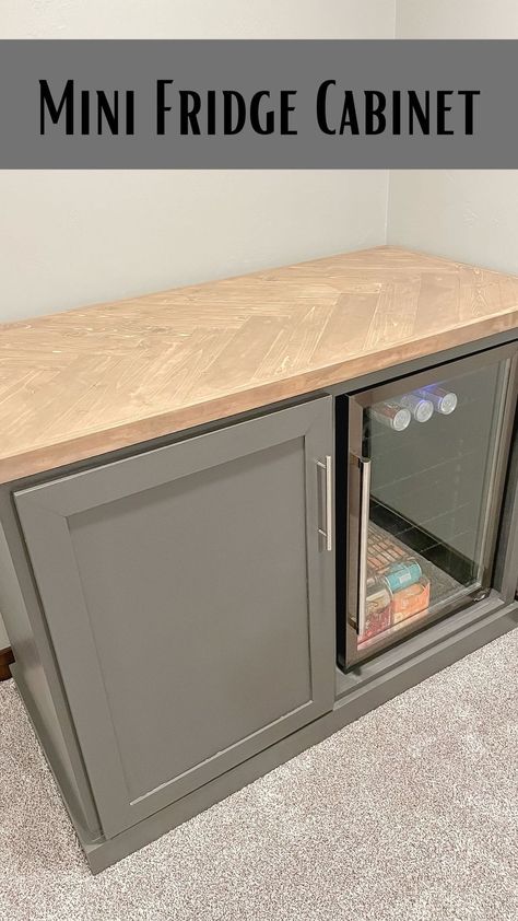 DIY Mini Fridge Bar Cabinet! Do you want to create a bar area but you aren’t quite ready to build it in? Try this mini fridge cabinet! I… | Instagram Mini Fridge And Snack Bar, Diy Mini Bar Cabinet, In Cabinet Mini Fridge, Cabinet With Beverage Fridge, Mini Fridge In Family Room, Free Standing Beverage Fridge Ideas, Coffee Bar Over Mini Fridge, Coffee Nook With Mini Fridge, Extra Fridge In Garage