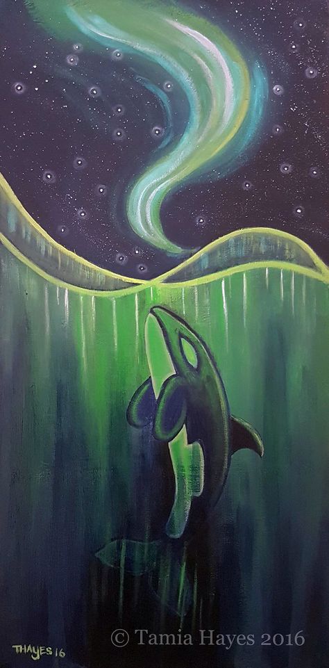 "Into the Light" © Tamia Hayes 2016  12x24in acrylic painting on stretched canvas   #tamia #chicasolart #acrylicpainting #originalart #artforsale #northernlights #auroraborealis #nightsky #stars #orcawhale #killerwhale #dolphinfamily #northpole #arcticocean #canada #alaska #northamericanwildlife Alaska Drawing Easy, Orca Painting, Alaska Painting, Alaskan Art, Alaskan Artist, Alaska Art, Whale Painting, Alaska Wildlife, North American Wildlife