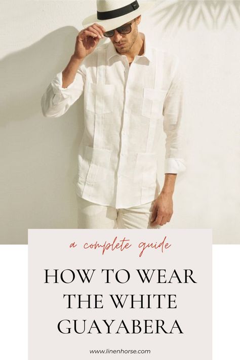 Stylish white guayabera shirt with outfit ideas and fashion tips Guayabera Shirt Men, Guayabera Wedding Groom Attire, Mens Guayabera Outfit, Mens White Party Outfits, Guayabera Outfit For Men Wedding, Cubavera Outfit Men, Guayabera Hombre Outfit, White Party Outfit Men, Guayabera Outfit For Men