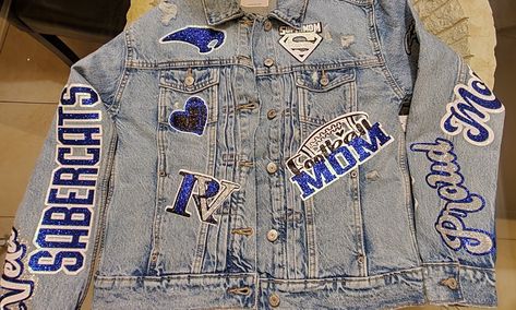 Patch Jean Jacket, Outfits Layout, Panther Pride, Gameday Fashion, Baseball Ideas, Jean Jacket Patches, Ribbon Lei, Rocker Chick, Nfl Outfits