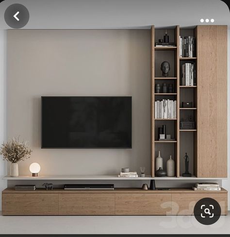 White Wood Tv Unit, Tv Set Living Room, Tv Wall Wood Panels, Wood Wall Tv Ideas, White And Wood Tv Wall, Tv Sets Design Living Room, Tv Set Ideas, Wood Bookcases In Living Room, Tv Built Into Wall