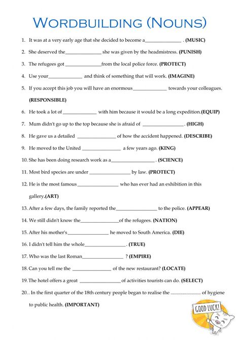 Word Formation Exercises, Word Formation Worksheets, English Grammar Test, English Grammar Exercises, Vocabulary Exercises, Word Formation, English Teaching Materials, Nouns Worksheet, Esl Vocabulary