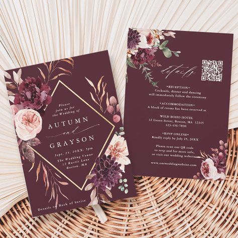 $2.92 | QR Code All In One Autumn Romance Burgundy Wedding - elegant watercolor floral wreath wedding, fall romantic watercolor flowers, botanical boho garden roses, bohemian garden outdoor wedding, gold geometric diamond frame, budget wedding invitation with details, all in one floral wedding, rustic fall wedding with website, qr code country autumn wedding, burgundy wedding with online rsvp Ballon Bunch, Autumn Romance, Watercolor Floral Wreath, Watercolor Flower Wreath, Floral Wreath Wedding, Dahlias Garden, Budget Wedding Invitations, Burgundy Wedding Invitations, Floral Wreath Watercolor