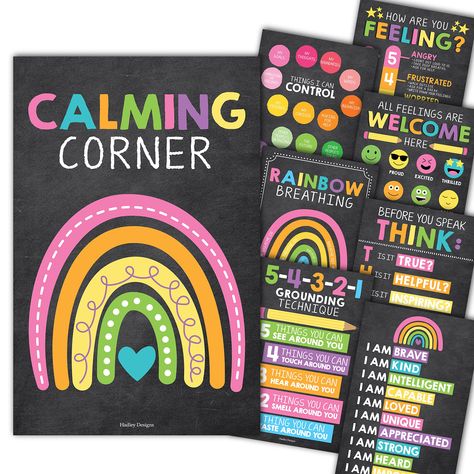 PRICES MAY VARY. If You're Looking To Create A Stress-Free Calming Corner To Help Children Cool Off; Then you need this calming corner poster set; While other cool down corner for classroom walls are made overseas, our calm corner classroom decor is USA made and laminated Tame Tantrums And Manage Meltdowns; You'll receive 8 laminated 11x17" posters, so you'll never have to worry about meltdowns again; Use this feelings poster for kids / emotion chart for kids to calm children and stop tantrums i Calming Corner Classroom, Preschool Decorations, Feelings Chart For Kids, Classroom Motivational Posters, Posters For Classroom, Elementary Classroom Themes, Classroom Motivation, Emotions Posters, Preschool Decor