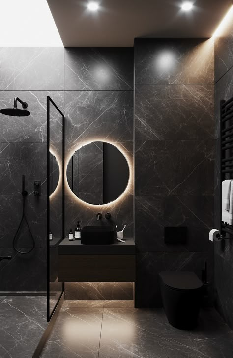 Holland Park on Behance Black Marble Bathroom Ideas, Small Dark Bathroom Ideas, Black And Gray Bathroom, White And Black Bathroom, Small Dark Bathroom, Idea For Bathroom, Small Bathroom Modern, Bathroom Black White, Modern Small Bathroom Ideas