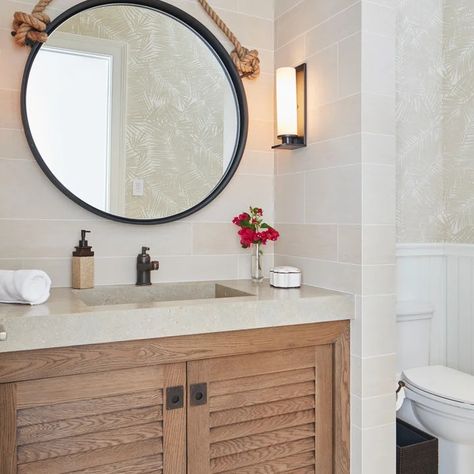 75 Bathroom with Louvered Cabinets Ideas You'll Love - May, 2024 | Houzz Beach Front Home, Beach Style Bathroom, Beach House Bathroom, Large Round Mirror, Knotted Rope, Cabinets Ideas, Coastal Bathrooms, Mirror Hanging, Shutter Doors