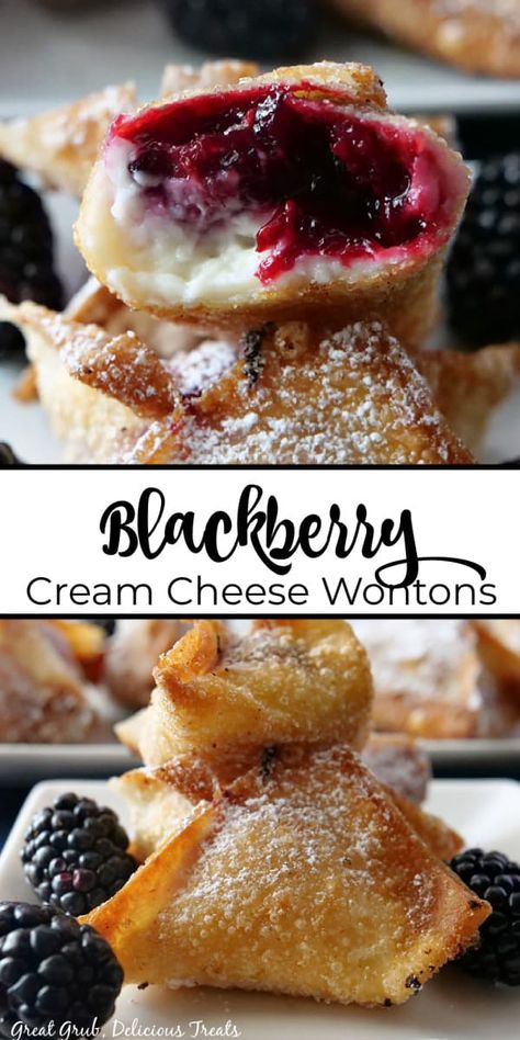 Blackberry Cream Cheese Wontons make for a great appetizer or a simple dessert. Vegan Cream Cheese Desserts, Dessert Wonton Recipes, Wonton Dessert Recipes, Wonton Wrapper Recipes Dessert, Blackberry Cream Cheese Dessert, Wonton Desserts, Wontons Recipes, Dessert Wontons, Blackberry Cream Cheese