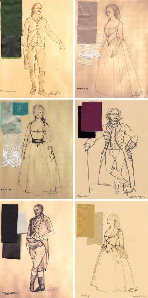 Costume renderings for 'Hamilton' by the costume designer Paul Tazewell. Paul Tazewell Costumes, Costume Renderings Sketches, Hamilton Costume Design, Theatre Costumes Sketches, Costume Design Theatre Aesthetic, Costume Sketches Theatre, Broadway Costume Design, Costume Sketches Design, Theater Costume Designer Aesthetic