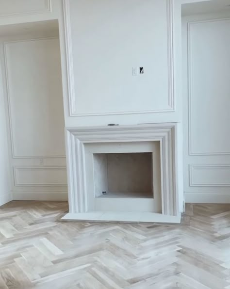 Wainscoting Next To Fireplace, Simple Plaster Fireplace, Inside Fireplace Ideas, New Build Fireplace, Wainscoting Fireplace, Inside Fireplace, Ornate Fireplace, Build Fireplace, Fireplace Box