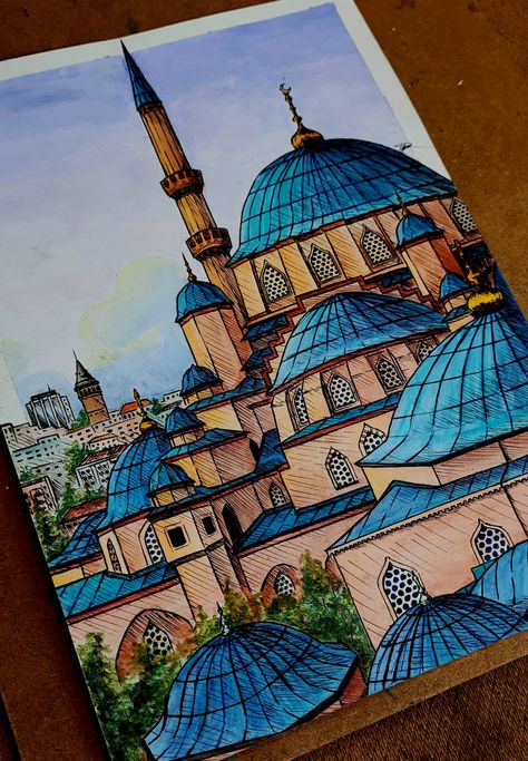 Istanbul Turkey Drawing, Art Poster Design Drawings, Masjid Painting Islamic Art, Mosque Watercolor Paintings, Istanbul Sketch Drawings, Islamic Art Sketch, Painting Aesthetic Ideas On Canvas, Blue Mosque Sketch, Cute Aesthetic Painting Ideas On Canvas