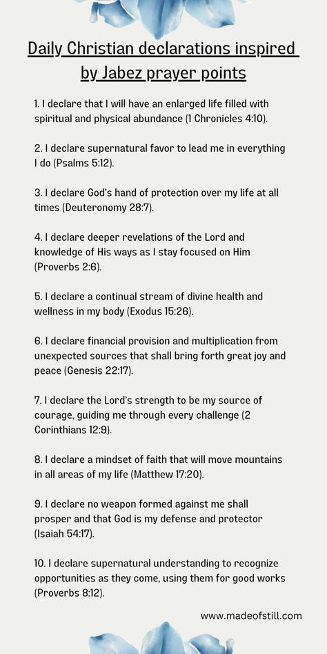 A pin for pinterest that has daily Christian declarations Jabez Prayer, Christian Declarations, Prayer Points, Christian Affirmations, Christian Bible Study, Bible Study Verses, Good Prayers, Bible Motivation, Prayer Verses