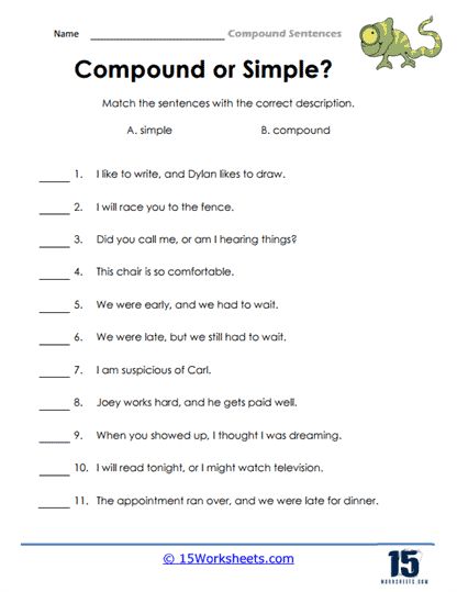 Compound Sentences #1 Worksheet - 15 Worksheets.com Simple Compound Sentences, Simple And Compound Sentences Worksheets, Compound Sentences Worksheets, B Worksheet, Simple Sentences Worksheet, Compound Sentence, Sentence Worksheet, Simple And Compound Sentences, Complex Sentences Worksheets