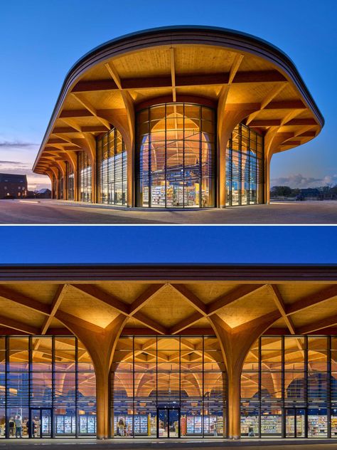 Modern Supermarket, Wood Panelling, Timber Architecture, Wood Columns, Pavilion Architecture, Facade Architecture Design, Airport Design, Facade Lighting, Timber Buildings