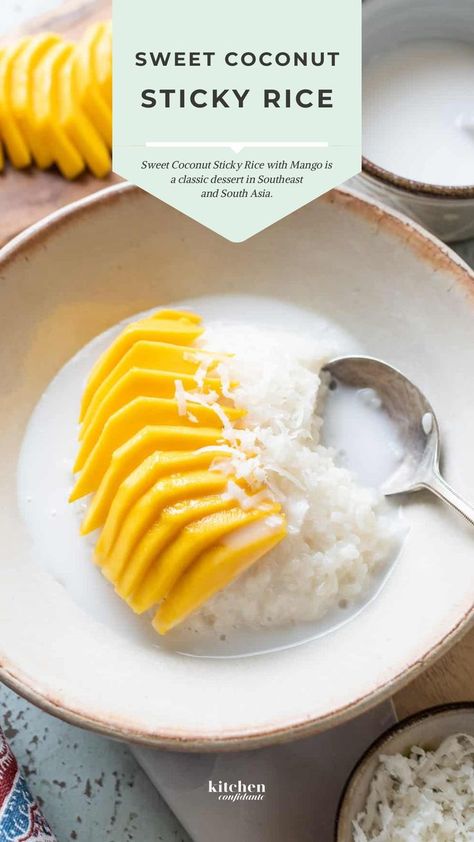 Sweet Coconut Sticky Rice with Mango. Sweet Sticky Rice Recipe, Make Sticky Rice, Sticky Rice Recipe, Coconut Sticky Rice, Sweet Sushi, Sweet Sticky Rice, Mango Sticky Rice, Coconut Sauce, Thai Coconut