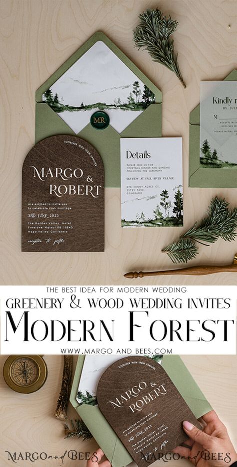 First Green Wedding, Mountain Woods Wedding, Rustic Christmas Wedding Invitations, Outdoor Wedding Invites, Green And Brown Wedding Invitations, Wedding Invitation Alternatives, Sage Green And Brown Wedding Invitations, Green Rustic Wedding Decor, Modern Natural Wedding