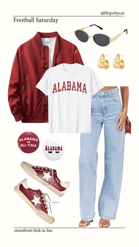 A perfect football game day look featuring a bold red bomber jacket, white Alabama graphic tee, light-wash jeans, crimson sneakers, gold statement earrings, and trendy sunglasses—all sourced from Amazon. Thanksgiving Football Game Outfit, College Game Day Outfit Football, Game Day Outfit Cold, Sunday Football Outfit, College Game Day Outfit, Alabama Football Game, College Football Game Outfit, Alabama Game Day, Game Day Fashion