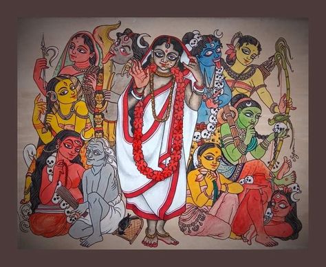 Bengali Art, Contemporary Folk Art, Durga Painting, Boho Art Drawings, Embroidery Wall Art, Hinduism Art, Vedic Art, Goddess Artwork, Indian Folk Art