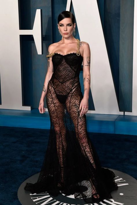 Halsey Red Carpet, Vanity Fair Party, Sheer Gown, Celebrity Halloween Costumes, Louis Vuitton Red, Oscar Party, Event Outfit, Vanity Fair Oscar Party, Lingerie Dress