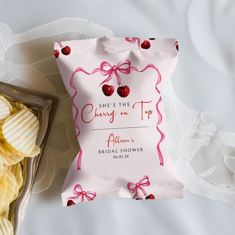 Make your bridal shower extra special with our "She's the Cherry on Top" chip bag wrapper template. This coquette cherries bridal shower snack bag party favor label is easy to edit and download. It's perfect for adding a charming touch to your party decor. DEMO LINK - TRY BEFORE YOU BUY: www.jettemplate.com/demo/WB9903 View Matching Items Here: https://www.etsy.com/shop/PetalsPaperieCo?search_query=114 * * * * * * * * * * * * * * * * * * INSTANT DOWNLOAD: - Please note this listing is for an ONLINE editable template only. No physical product will be shipped. You will receive an email to access your template within minutes of purchase and edit it online. No software downloads required. - Do not purchase with Apple Pay. Your email address will be hidden and you won't receive the email to acc Bridal Shower Snacks, Sweet Baby Shower Ideas, Bag Template, Shower Bebe, Favor Labels, Chip Bags, Cherry On Top, Bridal Shower Theme, Apple Pay