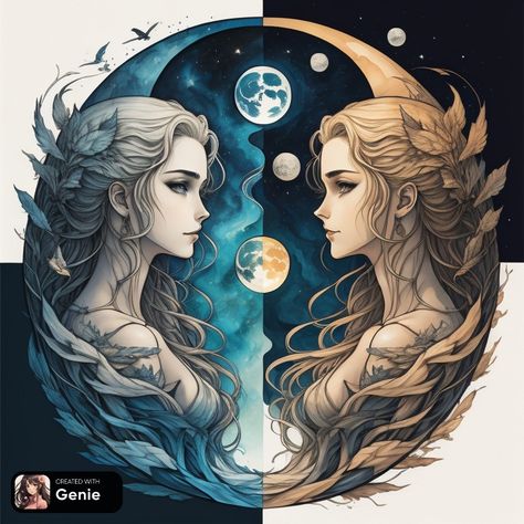 Twin Goddesses Art, Two Opposites Art, Gemini Goddess Art, Gemini Twins Art, Zodiac Twins, Goddess Magick, Horoscope Art, Groot Marvel, Sisters Art