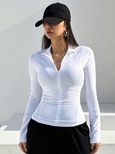 DAZY Women's Plain Stand Collar Zipper Placket Long Raglan Sleeve T-ShirtI discovered amazing products on SHEIN.com, come check them out! Zipper Placket, White Casual, Long Sleeve Knit, Amazing Products, Raglan Sleeve, Stand Collar, All Fashion, Women Clothing, Womens Tees