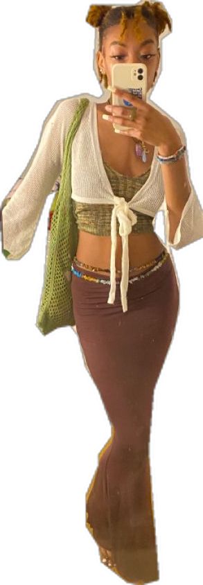 boho black girloutfit , Crochet top & long skirt , brown skirt , Boho aesthetic (Like this style and want more pieces for this aesthetic click the youtube link for a style guide video) Brown Long Skirt Outfit, Brown Long Skirt, Shein Items, Top Long Skirt, Long Brown Skirt, Boho Style Accessories, Long Skirt Outfits, Brown Skirt, Boho Aesthetic