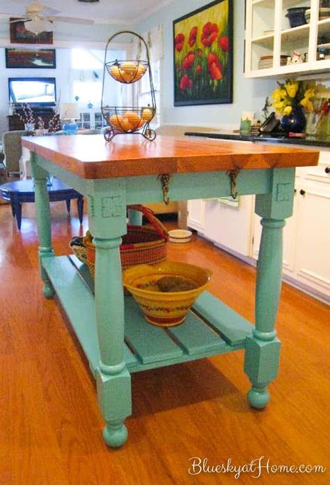 How to Turn a Console Table into a Kitchen Island. This vintage console table will get an update to turn it into a functional kitchen island. I have to decide how I want it to look when finished. So many design options require some input. BlueskyatHome.com Diy Kitchen Cart, Kitchen Islands Ideas With Seating, Functional Kitchen Island, Kitchen Island Storage, Small Kitchen Island, Kitchen Island Table, Diy Kitchen Renovation, Modern Kitchen Island, Diy Kitchen Decor