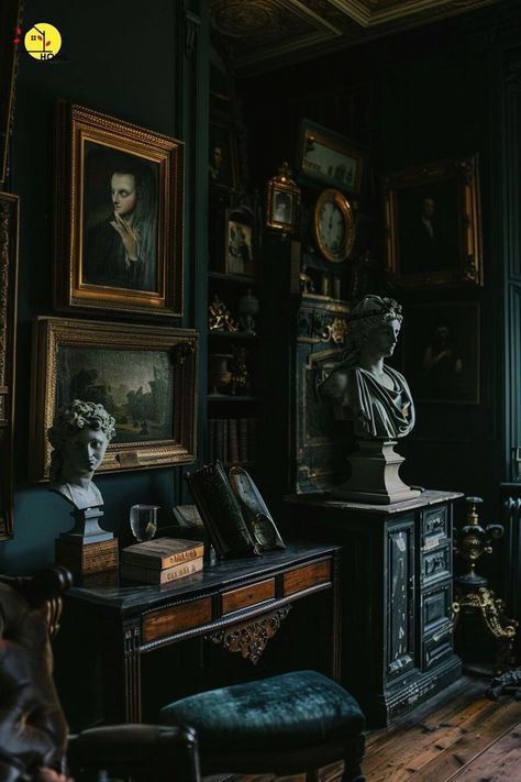 Dark Academia Goth Room, Gothic Art Studio, Gothic Study Room, Dark Academia Artwork, Dark Academia Hallway, Dark Study Room, Living Room Dark Academia, Academic Core, Dark Academia Room Aesthetic