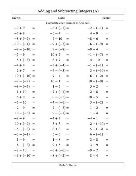 The Adding and Subtracting Mixed Integers from -10 to 10 (75 Questions) (A) Math Worksheet Adding Subtracting Integers, Math Worksheets For Grade 6, Subtracting Worksheets, Adding Integers Worksheet, Subtracting Integers Worksheet, Math Worksheets For Kids, 7th Grade Math Worksheets, Adding Integers, Math Integers