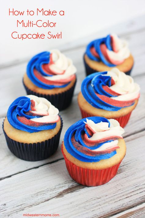 Learn how to make multi-color cupcake swirls. Easy to do as 2 colors or more. Find out just how easy it is. Cupcake Swirl, Fourth Of July Cupcakes, Swirl Frosting, July Flower, Coloured Icing, 4th Of July Cake, Blue Cupcakes, Easy Vegetarian Lunch, Cupcakes Recipe