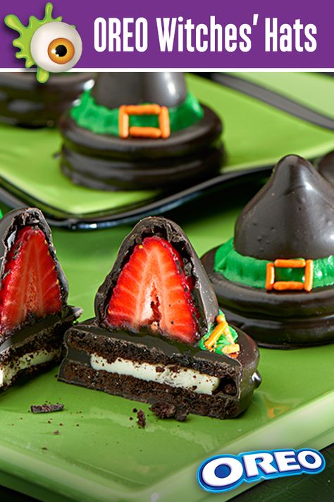 These bewitching OREO Witches' Hats are a wickedly tasty treat and the recipe is easy! Dip OREO cookies in chocolate and add a chocolate-covered strawberry on top. Say the magic words and presto! Visit GhostessParty.com for more recipes, Halloween party ideas & printables. Oreo Witch Hats, Halloween Treats Ideas, Kid Friendly Party, Sugar Addict, Cute Halloween Treats, Dessert Halloween, Postres Halloween, Recetas Halloween, Halloween Food Dinner