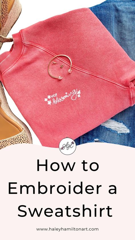 How to embroider a custom crewneck sweatshirt How To Hand Embroidery Sweatshirt, Embroidery Tee Shirts Diy, Simple Hoodie Embroidery, Embroidering Sweatshirts Diy, Embroidered Hand Print, How To Embroider By Hand On Hoodie, Embroidering A Sweatshirt, Sweatshirt Embroidery Diy Easy, How To Embroider Sweatshirt