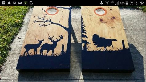 Hunting themed corn hole Hunting Cornhole Boards, Diy Corn Hole, Giant Board Games, Turkey Silhouette, Bean Bag Table, Bean Bag Boards, Cornhole Boards Designs, Corn Hole Boards, Corn Hole Diy