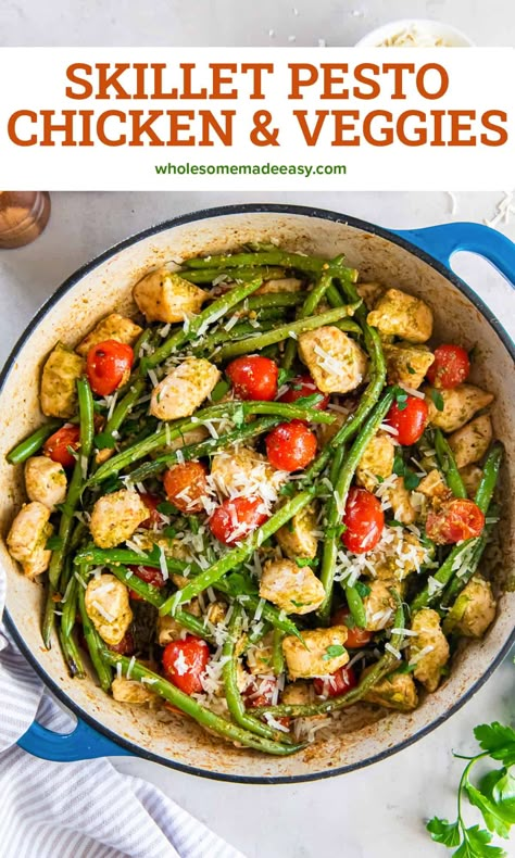 Flavorful Pesto Chicken and Veggies cooked in one skillet in under 30 minutes. Lean bites of chicken, crisp-tender green beans and blistered cherry tomatoes are tossed in pesto and Parmesan for a high protein meal on a busy day. Pesto Chicken And Green Beans, One Pan Pesto Chicken And Veggies, One Pot Protein Meals, Lean Protein And Veggie Meals, Chicken Green Beans Tomatoes, Hospitality Meals, Blistered Cherry Tomatoes, Basil Pesto Chicken, Healthy Pesto