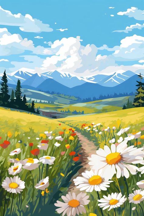 Meadows Illustration, Flower Field Illustration, Painting Outlines, Pantone Cards, Mountains Painting, Field Of Wildflowers, Picture Composition, Illustration Art Kids, Mountain Drawing