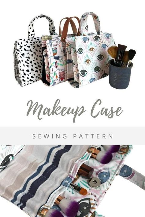 Makeup Case sewing pattern. The Take-Along Mini Makeup Bag was designed to be an easy sew for any advanced beginner! The central zipper bag holds cosmetics and toilettries, while the pockets both sides hold brushes, lip gloss and mascara. Cosmetics bag sewing pattern. SewModernBags Makeup Brush Pouch, Makeup Bag Sewing Pattern Free, Makeup Bag Sewing Pattern, Lip Gloss And Mascara, Diy Makeup Bag Tutorial, Purse Necessities, Cosmetic Bags Diy, Makeup Bag Pattern, Cosmetic Bag Pattern