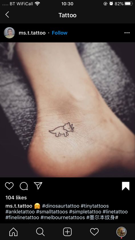 Tiny Matching Dinosaur Tattoos, Dinosaur Lip Tattoo, Dinosaur Line Tattoo, Tiny Tattoos Dinosaur, Dino Outline Tattoo, Fine Line Dinosaur Tattoo, Dinosaur Ankle Tattoo, Outline Dinosaur Tattoo, Dinosaur Tattoo Triceratops