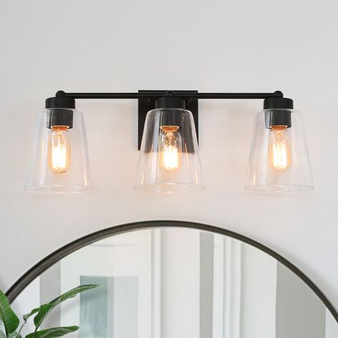 Black Vanity Lights, Vanity Lights Over Mirror, Modern Black Vanity, Modern Farmhouse Black, Transitional Industrial, Farmhouse Bathroom Light, Black Bathroom Light Fixtures, Black Bathroom Light, Vanity Lights Bathroom