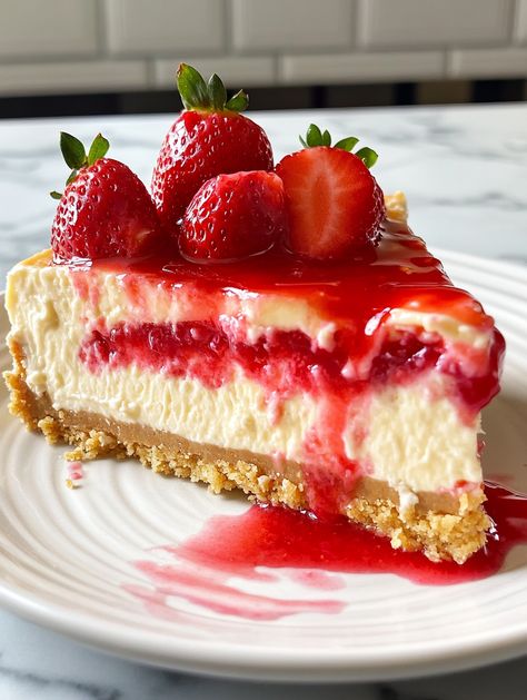 Lemon Strawberry Swirl Cheesecake 🍓  𝗜𝗻𝗴𝗿𝗲𝗱𝗶𝗲𝗻𝘁𝘀 🍓 - 2 cups graham cracker crumbs - 1/2 cup melted butter - 3 (8 oz) packages cream cheese, softened - 1 cup sugar - 1 teaspoon lemon zest - 3 large eggs - 1 cup sour cream - 1/2 cup heavy cream - 1/4 cup lemon juice - 1 cup fresh strawberries, hulled and sliced - 1/4 cup strawberry jam Strawberry Swirl Cheesecake, Cheesecake Ingredients, Simple Family Meals, Swirl Cheesecake, Food O, Cake With Cream Cheese, Birthday Food, Food Goals, Strawberry Cheesecake