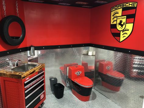 Mechanic Bathroom, Auto Repair Shop Office Ideas, Auto Body Shop Ideas, Automotive Bathroom Ideas, Auto Shop Bathroom Ideas, Auto Body Shop Layout, Garage Bathroom Ideas, Cool Bar Ideas, Barn Bathroom Ideas