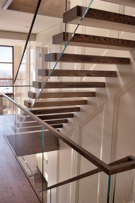 Floating Stairs With Glass Railing, Glass And Iron Stair Railing, Floating Stairs Glass Railing, Floating Stairs Wood, Painted Stair Railings, Brick House Exterior Makeover, Stairs Wood, Diy Staircase Makeover, Glass Railing Stairs