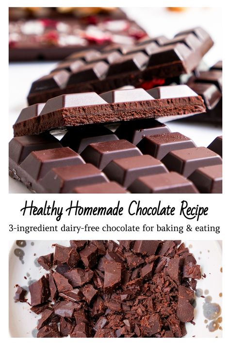 This easy recipe for healthy homemade chocolate bars makes delicious dark chocolate that melts in your mouth. Only three ingredients! It's perfect to use as a Paleo-friendly or refined sugar-free alternative in any recipes calling for chocolate chips or chunks. You can also use this recipe for homemade vegan chocolate bars! Homemade Healthy Chocolate, Homemade Vegan Chocolate, Paleo Baking Recipes, Chocolate Bar Recipe, Homemade Dark Chocolate, Vegan Chocolate Bars, Homemade Chocolate Bars, Healthy Chocolate Recipes, Hello Valentine