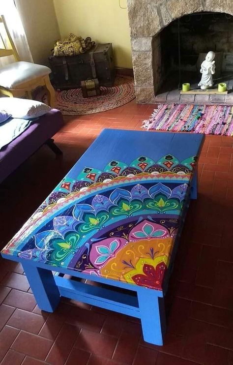 Funky Painted Table, Painted Table Tops, Whimsical Painted Furniture, Hand Painted Table, Whimsical Furniture, Painted Coffee Tables, Boho Style Bedroom, Painted Chairs, Painting Furniture Diy